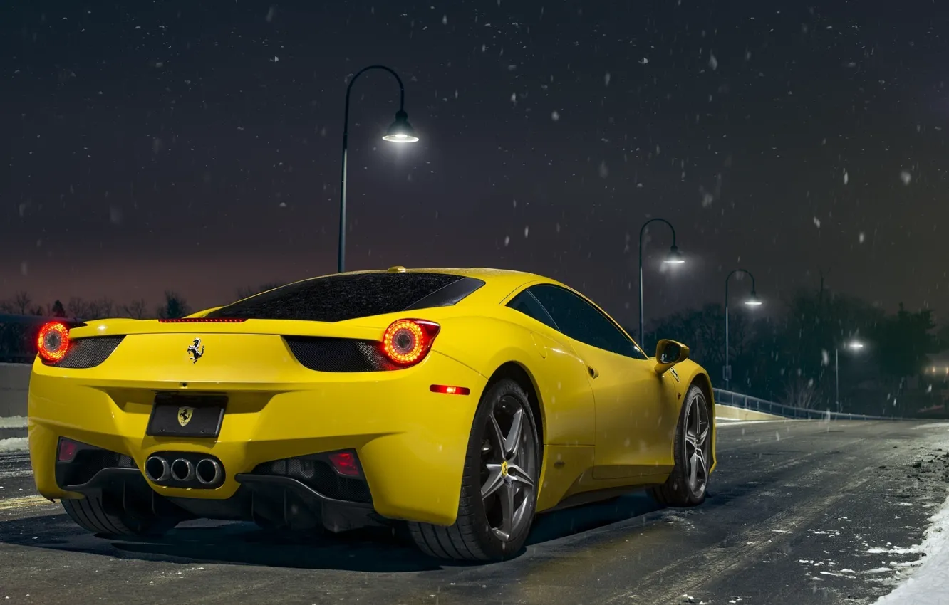 Photo wallpaper Ferrari, 458, Snow, Yellow, Italia, Road, Supercar, Rear, Ligth, Nigth