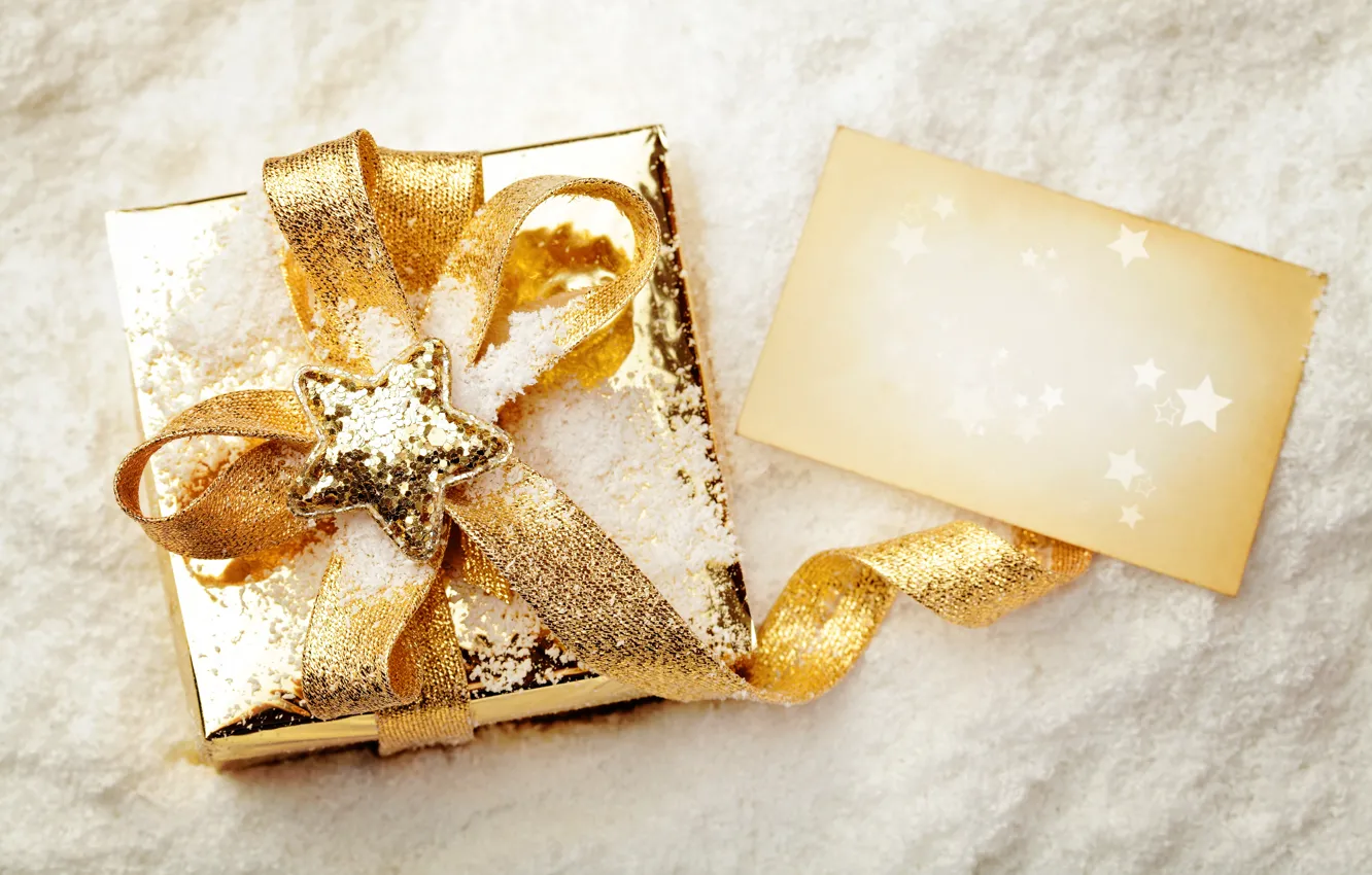 Photo wallpaper snow, box, gift, star, New Year, Christmas, tape, Christmas, asterisk, holidays, New Year, gold