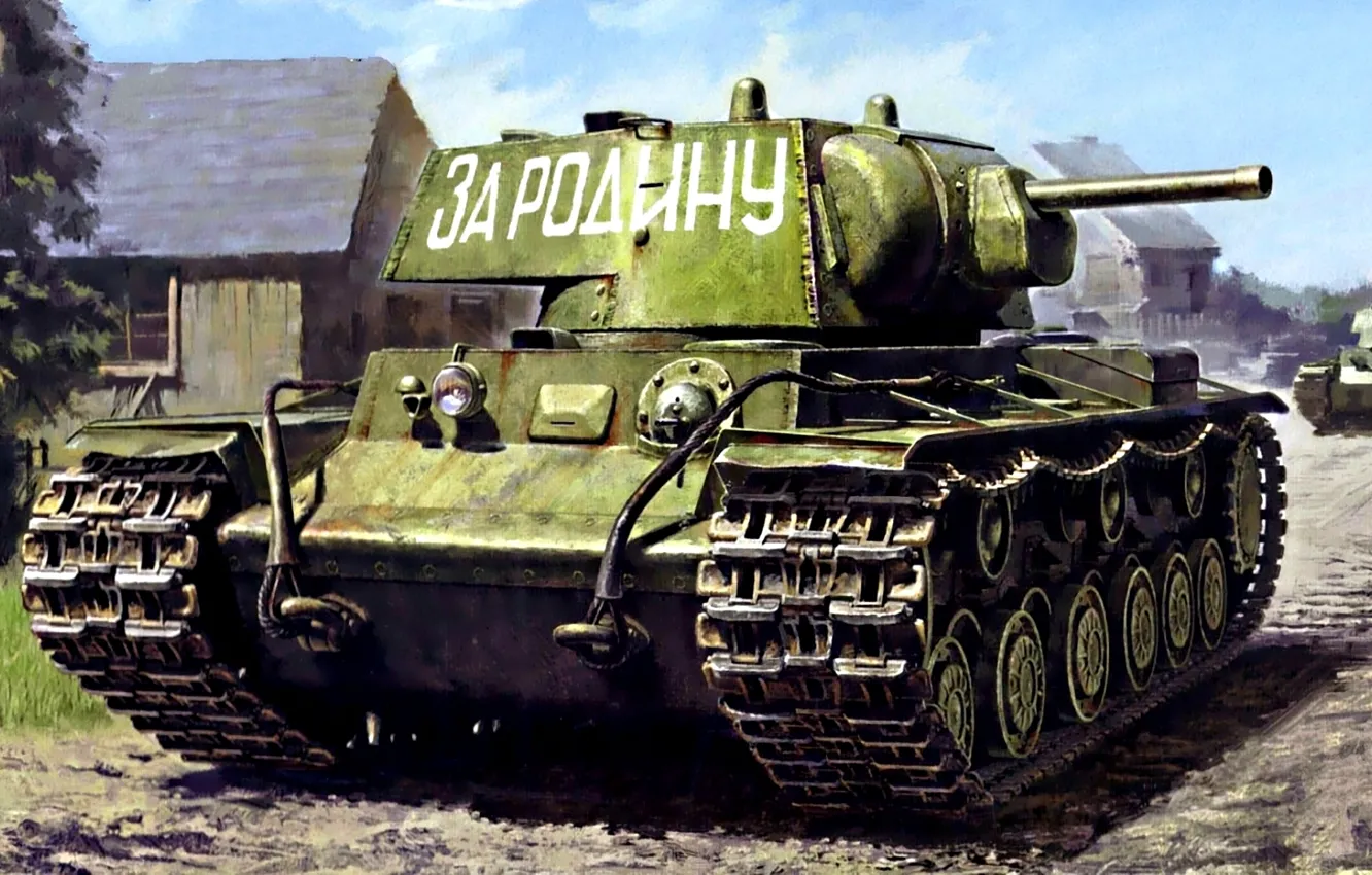 Wallpaper road, street, figure, art, Soviet, KV-1, heavy tank, WWII ...
