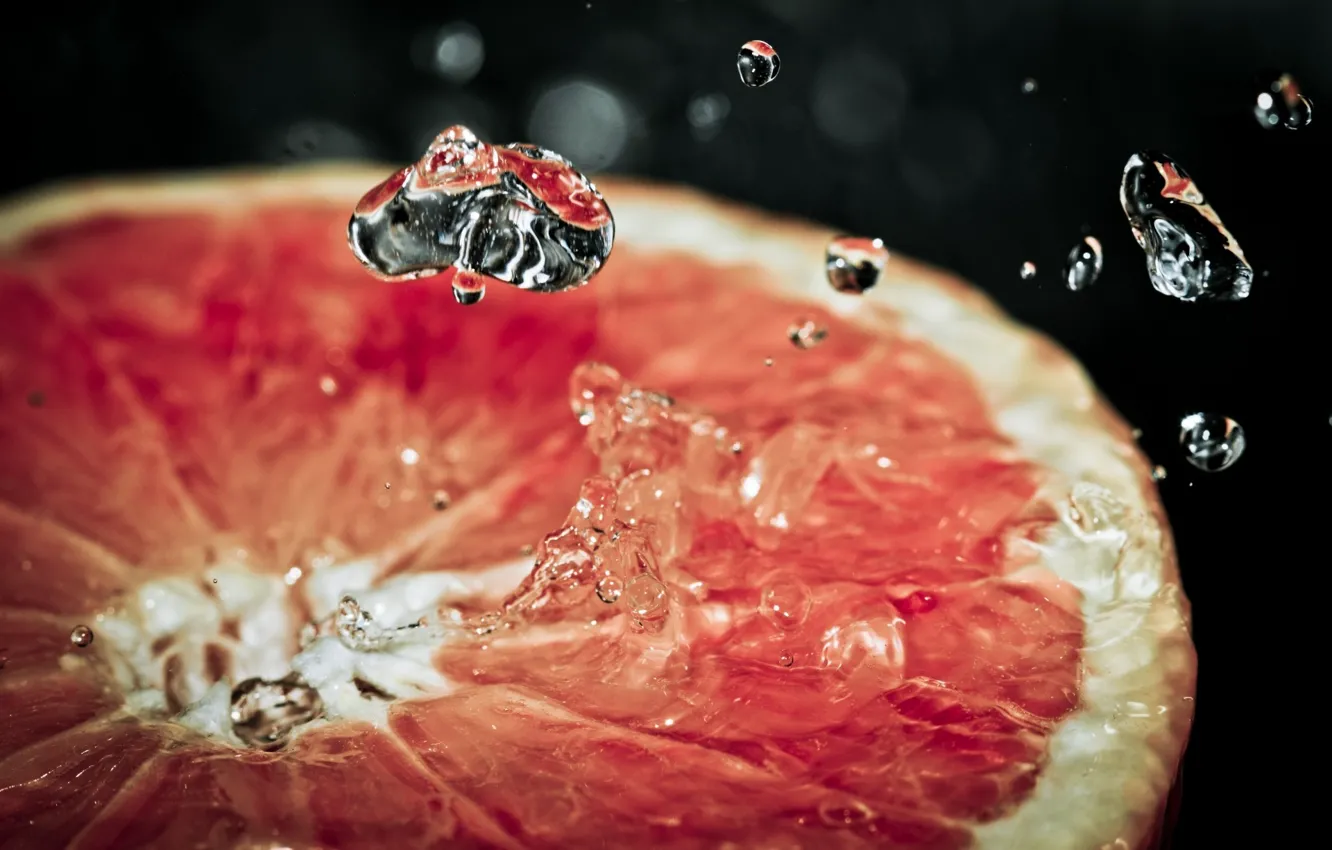 Photo wallpaper water, drops, macro, squirt, grapefruit, citrus