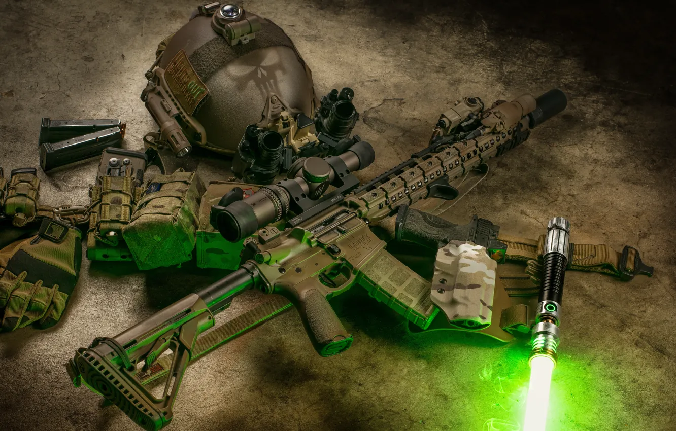 Photo wallpaper gun, ray, flashlight, rifle, helmet, assault, AR-15, semi-automatic