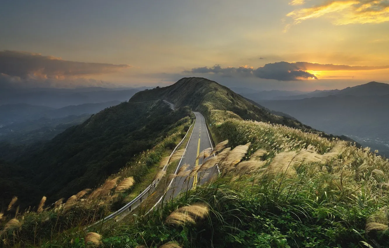 Photo wallpaper road, clouds, hills, Mountains