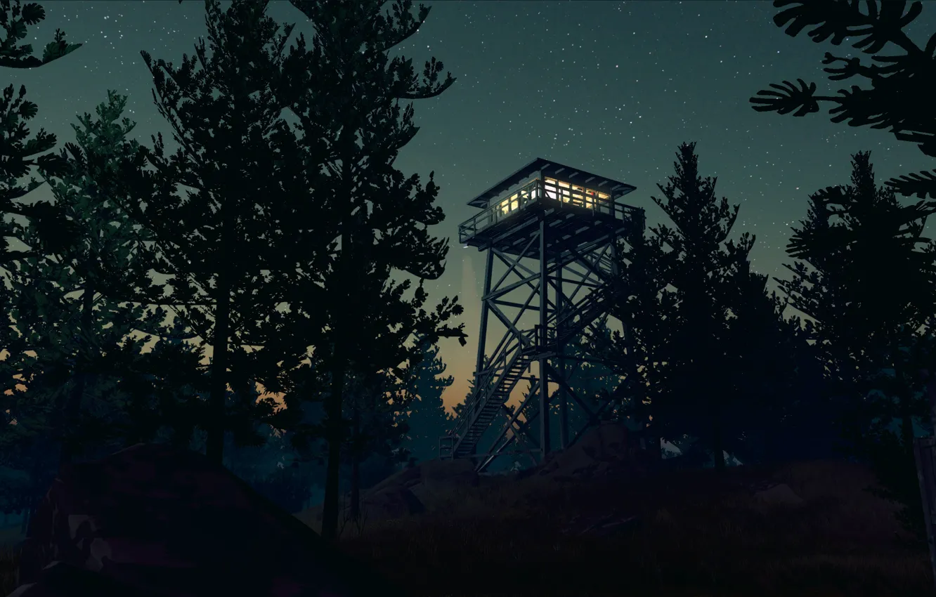 Photo wallpaper The sky, The evening, Night, Stars, Trees, Forest, Ladder, Light, Fire, Tower, Exploration, Adventure Game, …