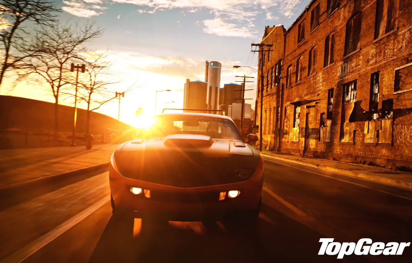 Photo wallpaper the sky, sunset, orange, the city, tuning, Top Gear, Dodge, Challenger, muscle car, tuning, the …
