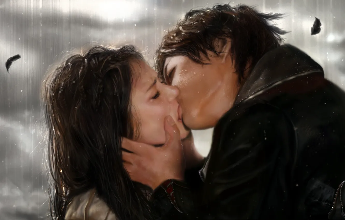 Wallpaper love, rain, kiss, the series, The Vampire Diaries, Elena, Damon  images for desktop, section фильмы - download