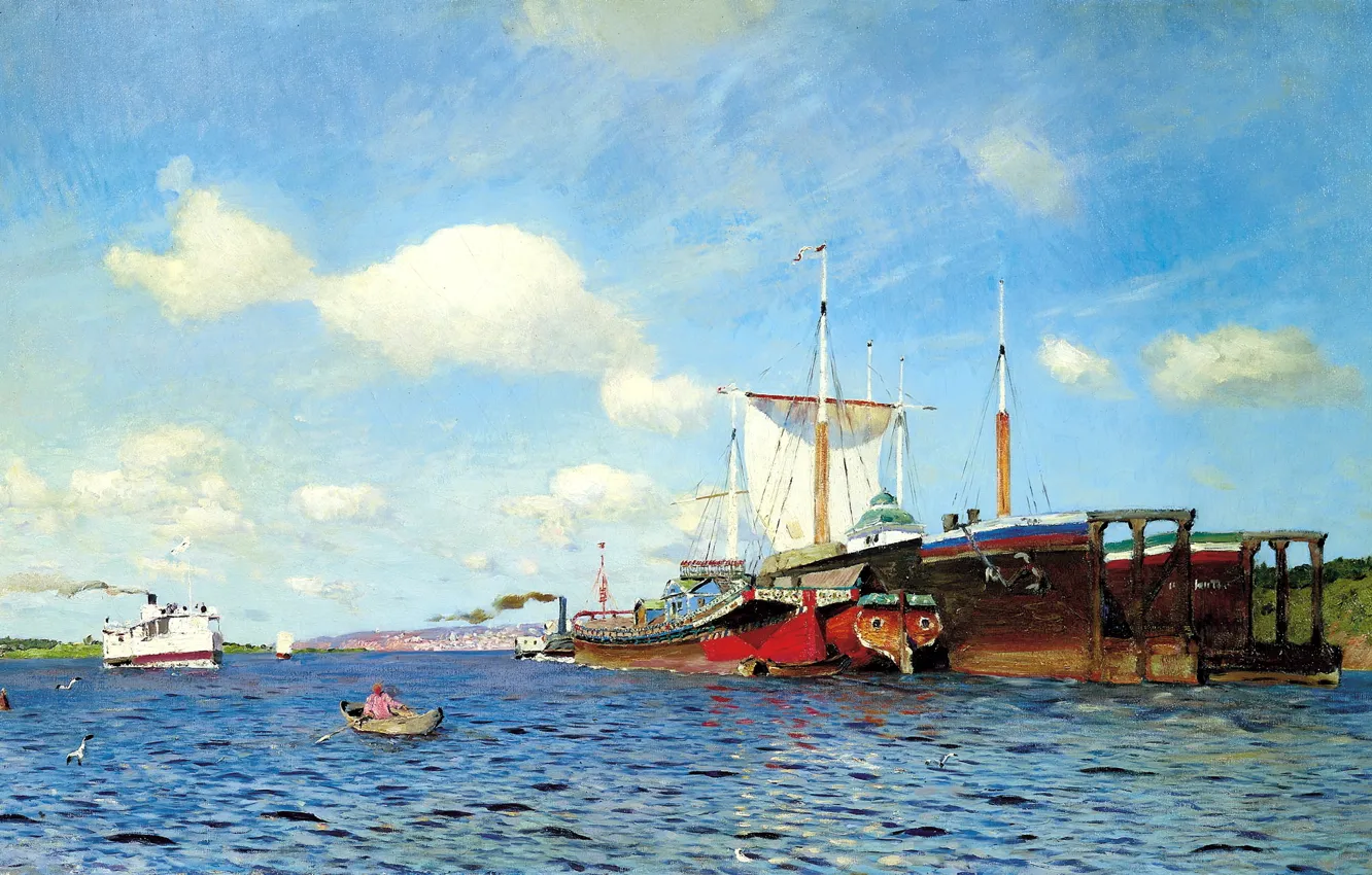Photo wallpaper the sky, water, clouds, river, boat, seagulls, ships, picture, sail, painting, Levitan Isaac, fresh wind