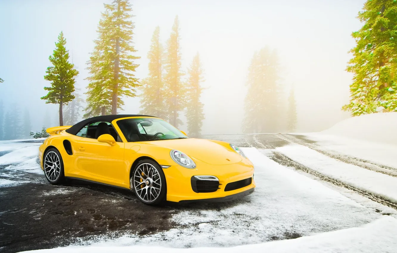 Photo wallpaper Road, Yellow, Porsche, Snow, Spruce, Porsche, Supercar, Snow, Yellow, Road, Cabriolet, Supercar, 991, Turbo S, …