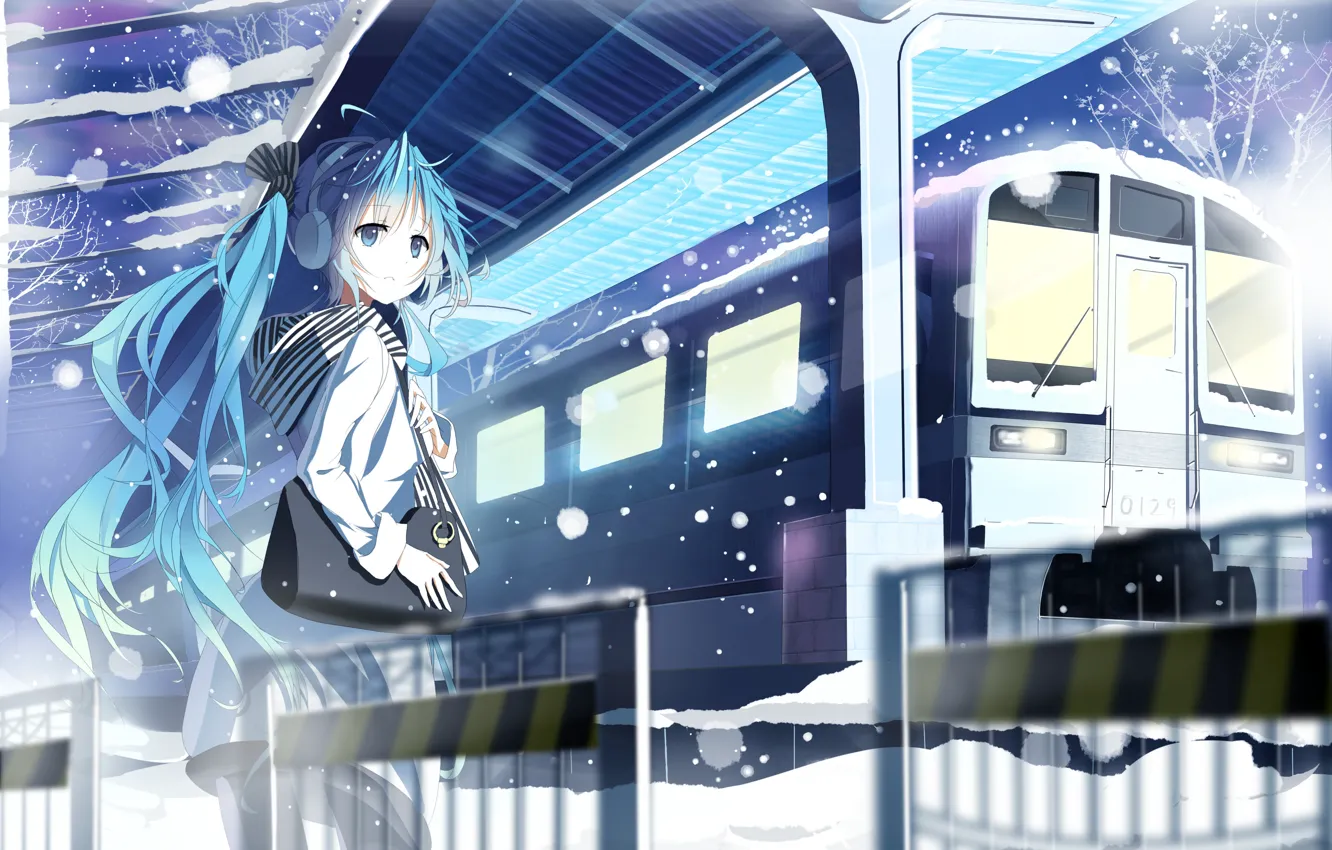 Photo wallpaper winter, girl, snow, train, station, art, bag, vocaloid, hatsune miku, siji