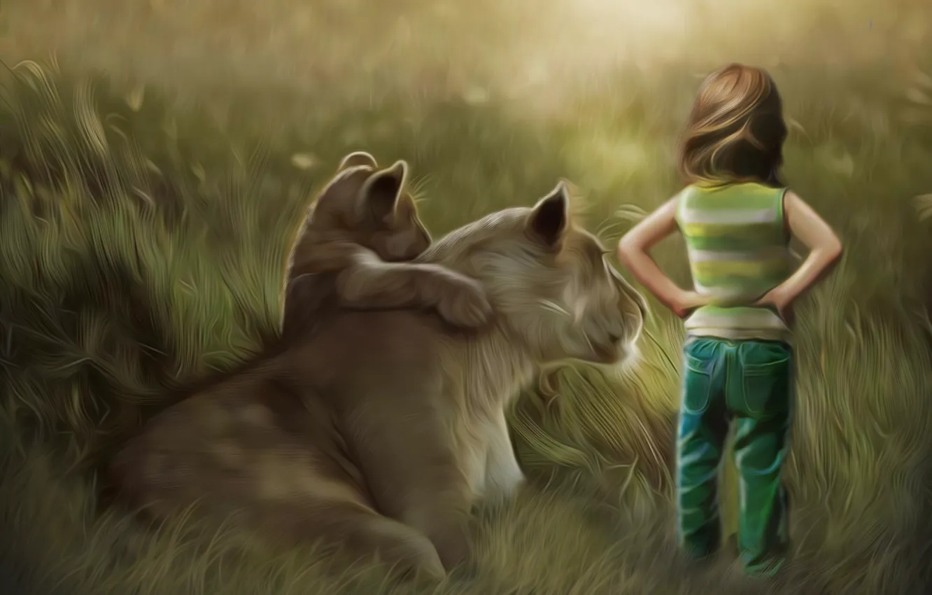 Wallpaper grass, child, Leo, art, lioness, cub, back, lion images for  desktop, section живопись - download