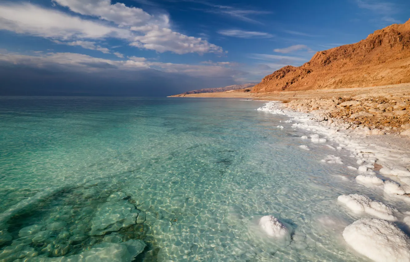 Photo wallpaper sand, sea, the sky, clouds, nature, beauty, salt, clean water, the dead sea
