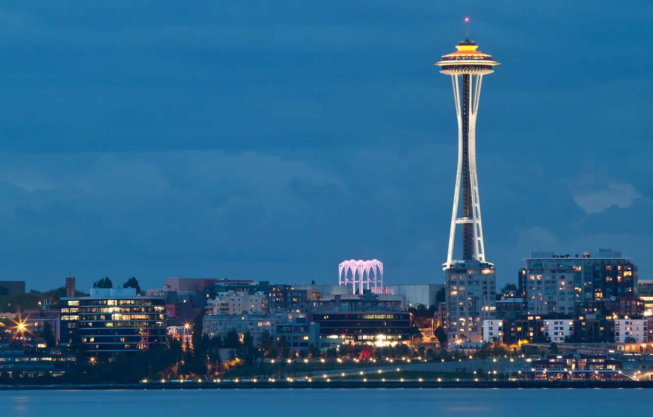 Wallpaper city, the city, lights, lights, the evening, Bay, Washington,  Seattle, USA, USA, Space Needle, evening, Washington, bay, Seattle, The Space  Needle images for desktop, section город - download