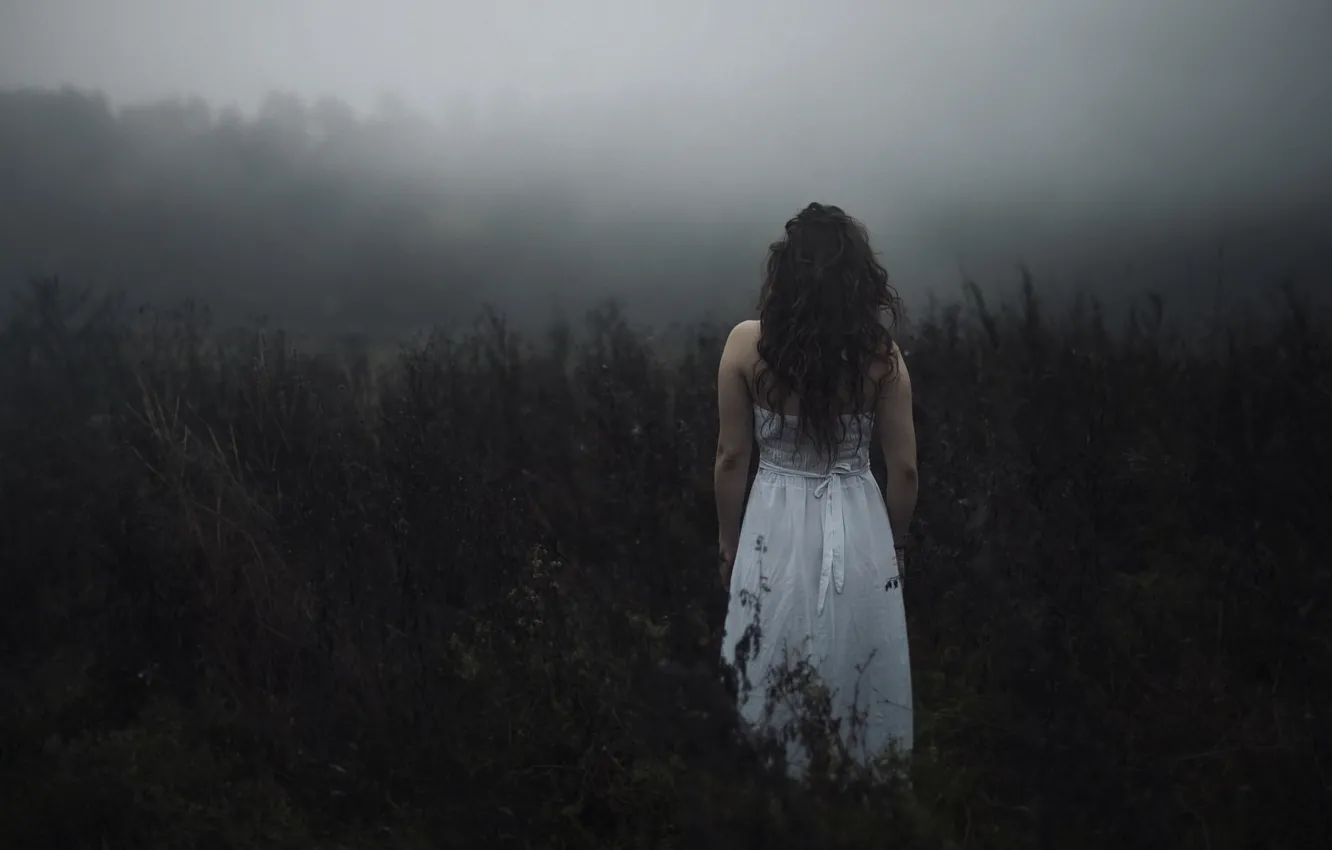 Wallpaper field, forest, girl, fog, mood, white, hair, back, dress,  depression, Wallpaper from lolita777, PMS images for desktop, section  ситуации - download