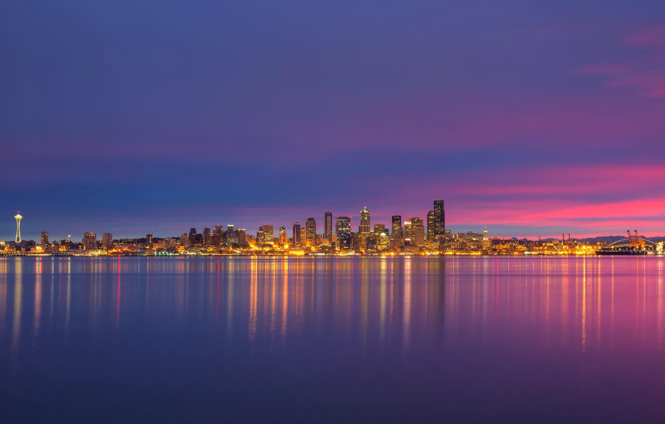 Wallpaper lights, USA, Space Needle, United States, skyline, night,  sunrise, reflection, buildings, downtown, skyscrapers, cityscape, seattle,  America, cloudy, United States of America images for desktop, section город  - download