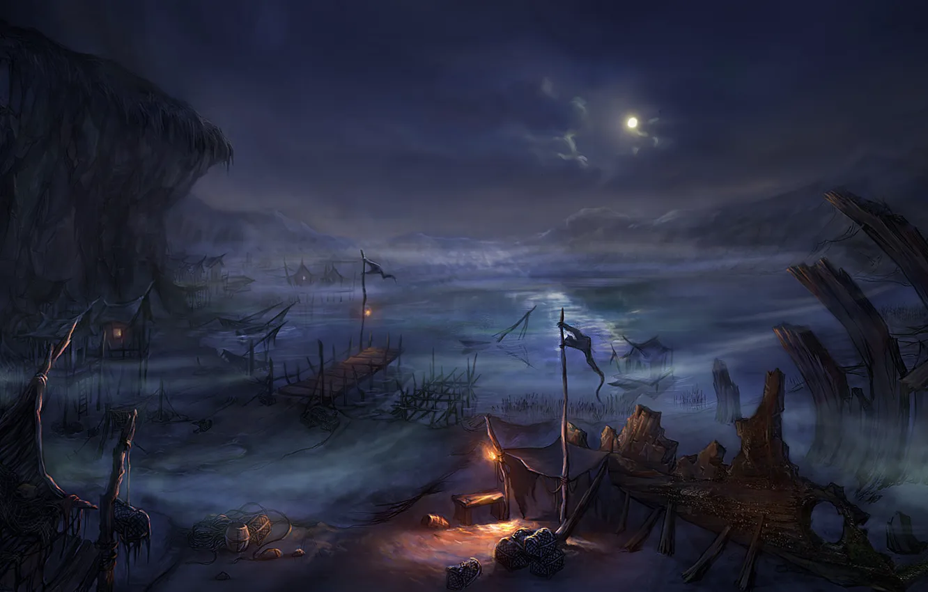 Photo wallpaper the moon, home, lake, Night, boats, the fire destroyed the ship, network, village