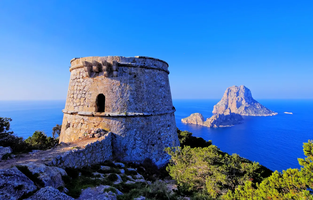 Photo wallpaper sea, the sky, Islands, rock, stones, blue, tower, horizon, fortress, Spain, the bushes, Spain, Ibiza, …