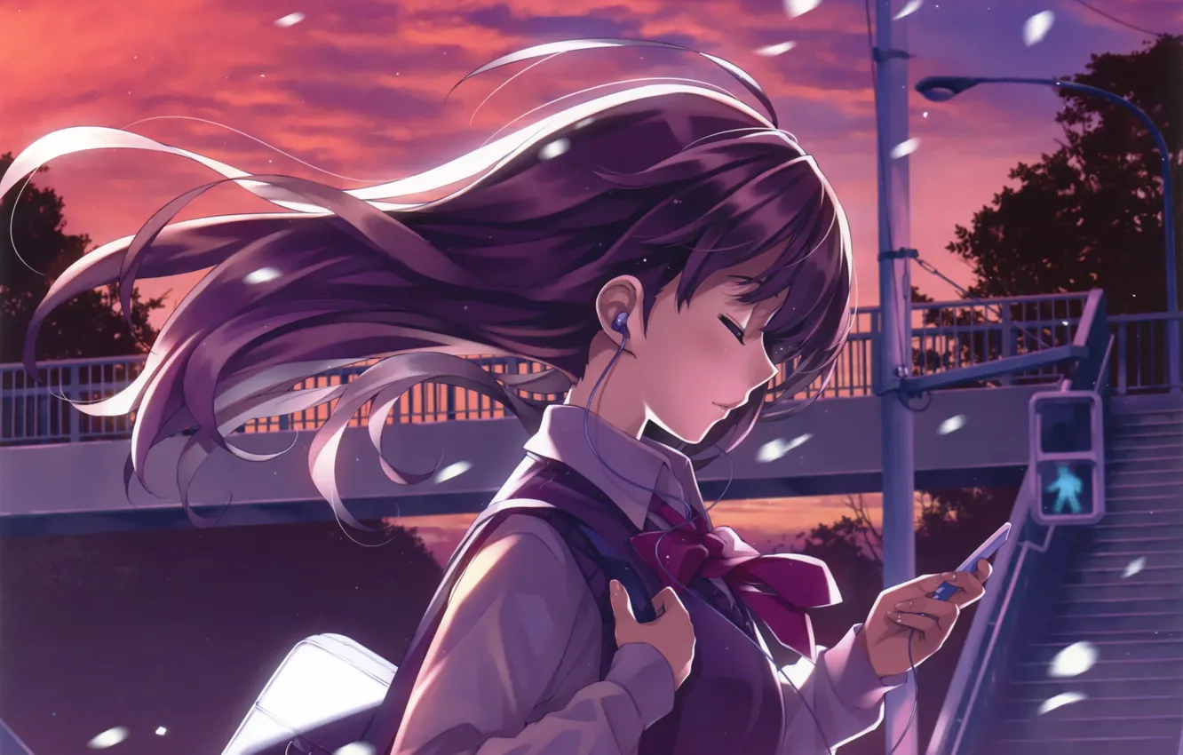 Wallpaper The Sky Girl Sunset Wire Anime Headphones Art