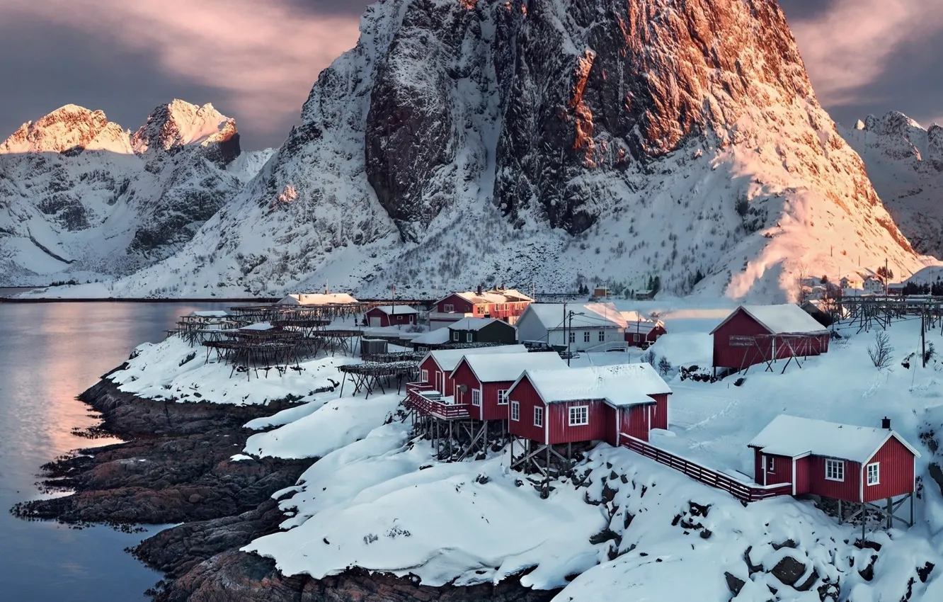 Photo wallpaper snow, mountains, village, Norway, sunset, water, village, Norway, Hamnoy