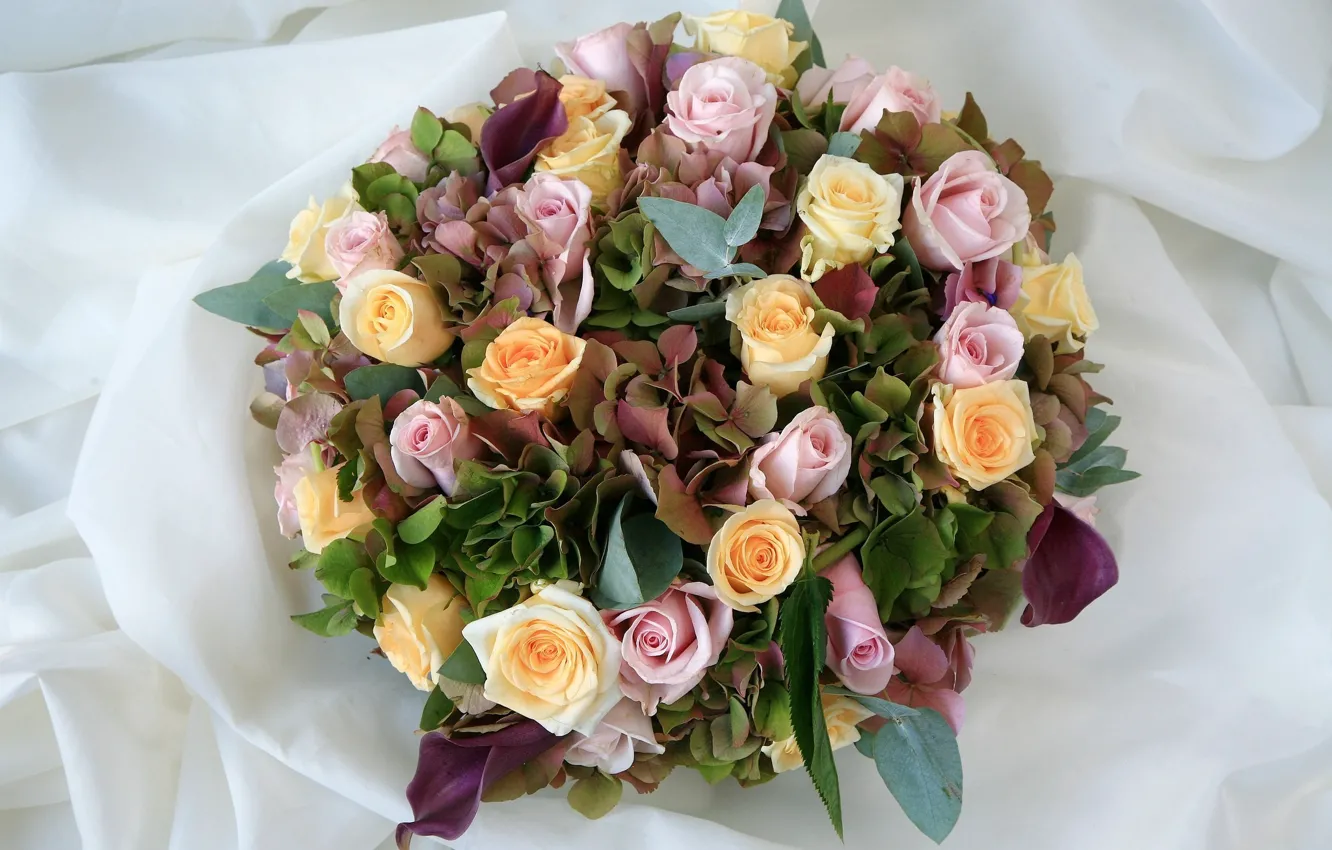 Photo wallpaper flowers, roses, bouquet, yellow, pink, composition