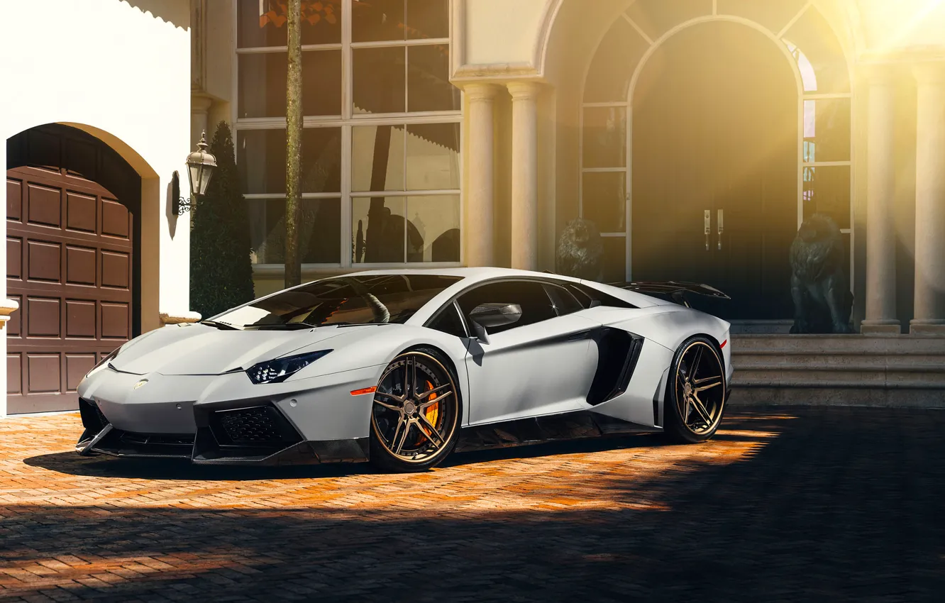 Photo wallpaper Lamborghini, Front, Sun, White, Matte, Tuning, LP700-4, Aventador, Supercar, Wheels, Spoiler, ADV.1