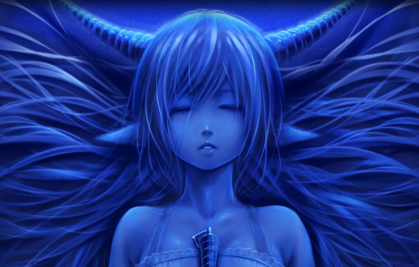 Photo wallpaper girl, blue, face, sleeping, horns, ears, art, bouno satoshi