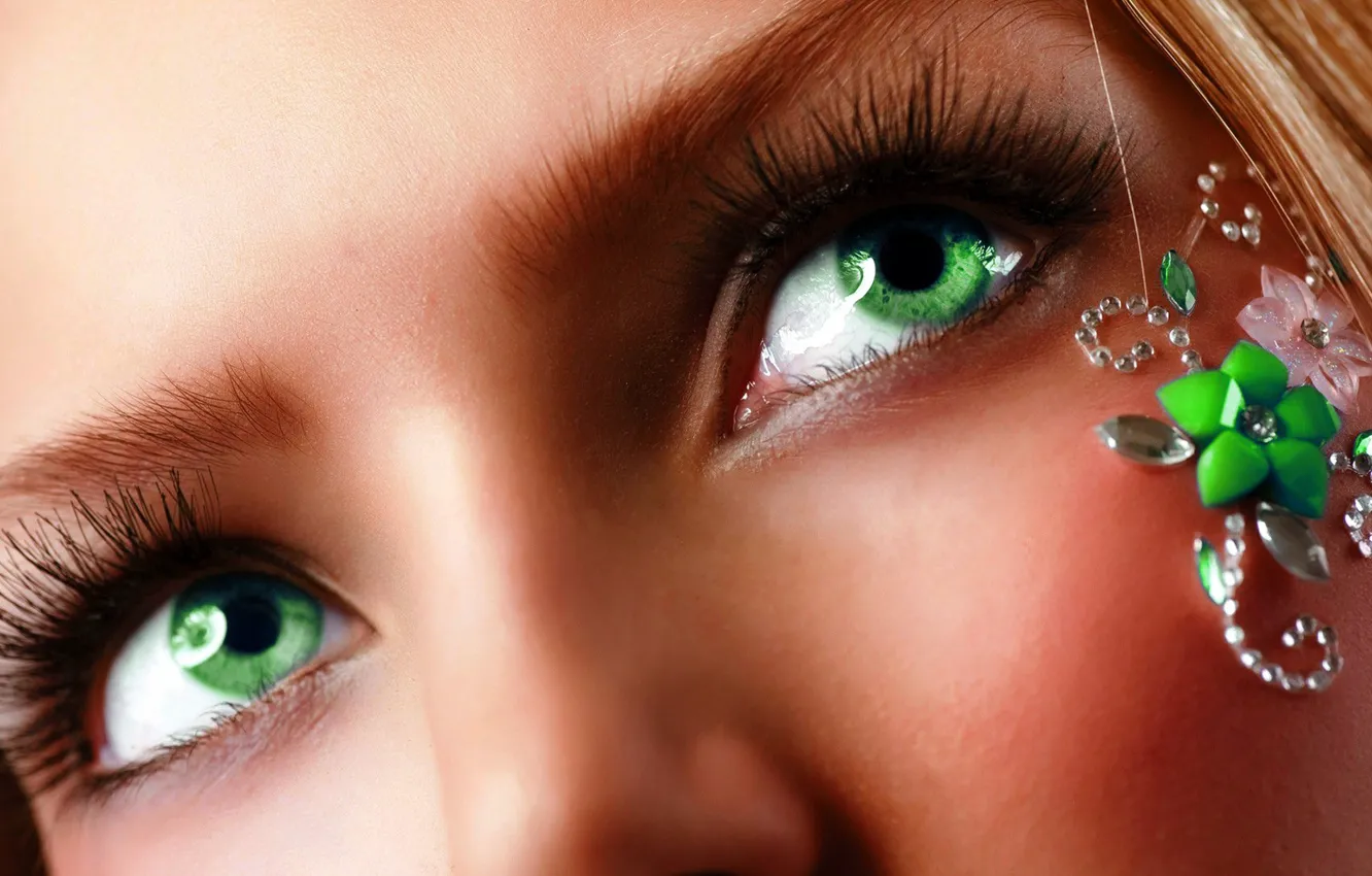 Photo wallpaper eyes, girl, face, eyelashes, green, blonde, eyebrows, decoration