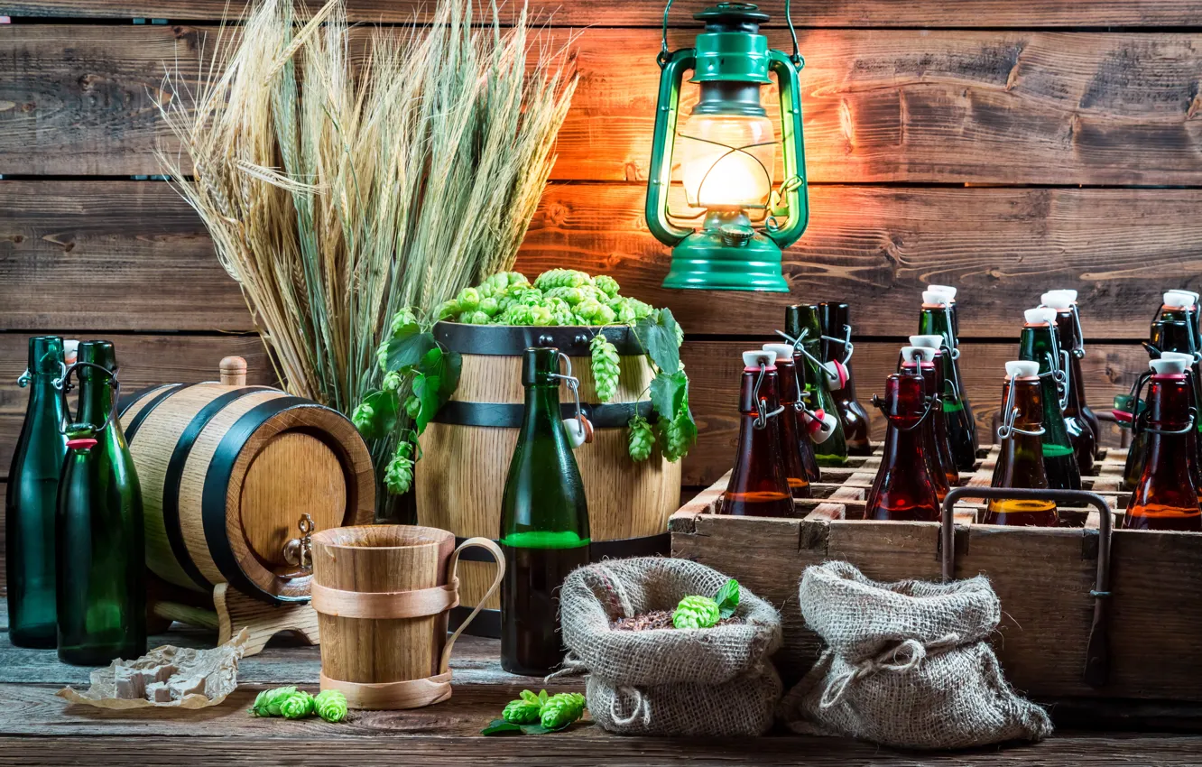 Photo wallpaper wheat, alcohol, lantern, bottle, beer, wheat, hops, hops