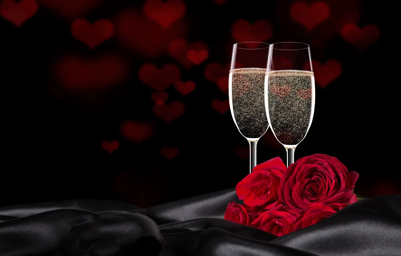 Photo wallpaper love, gift, wine, roses, glasses, love, heart, romantic, Valentine's Day