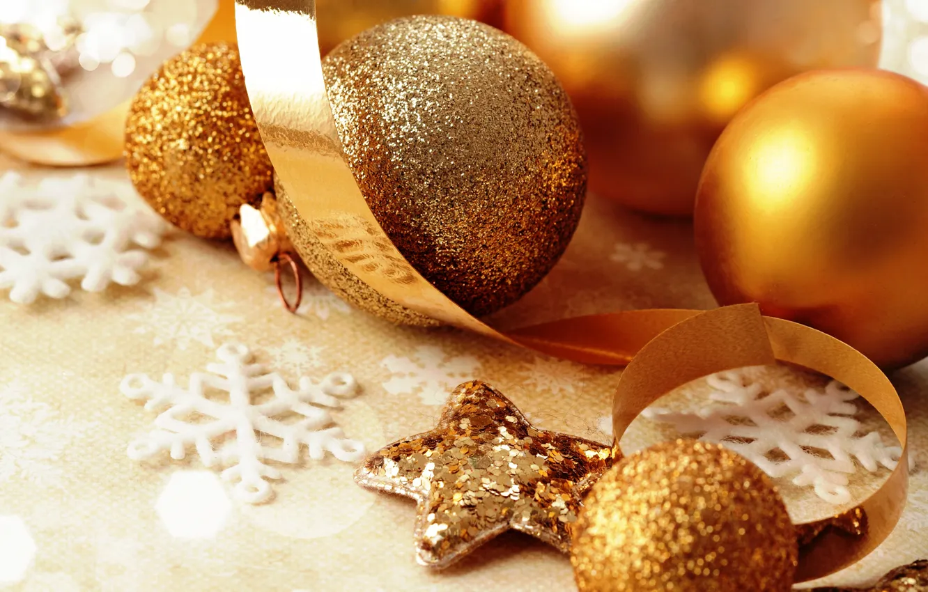 Photo wallpaper balls, Christmas, New year, gold, Christmas decorations
