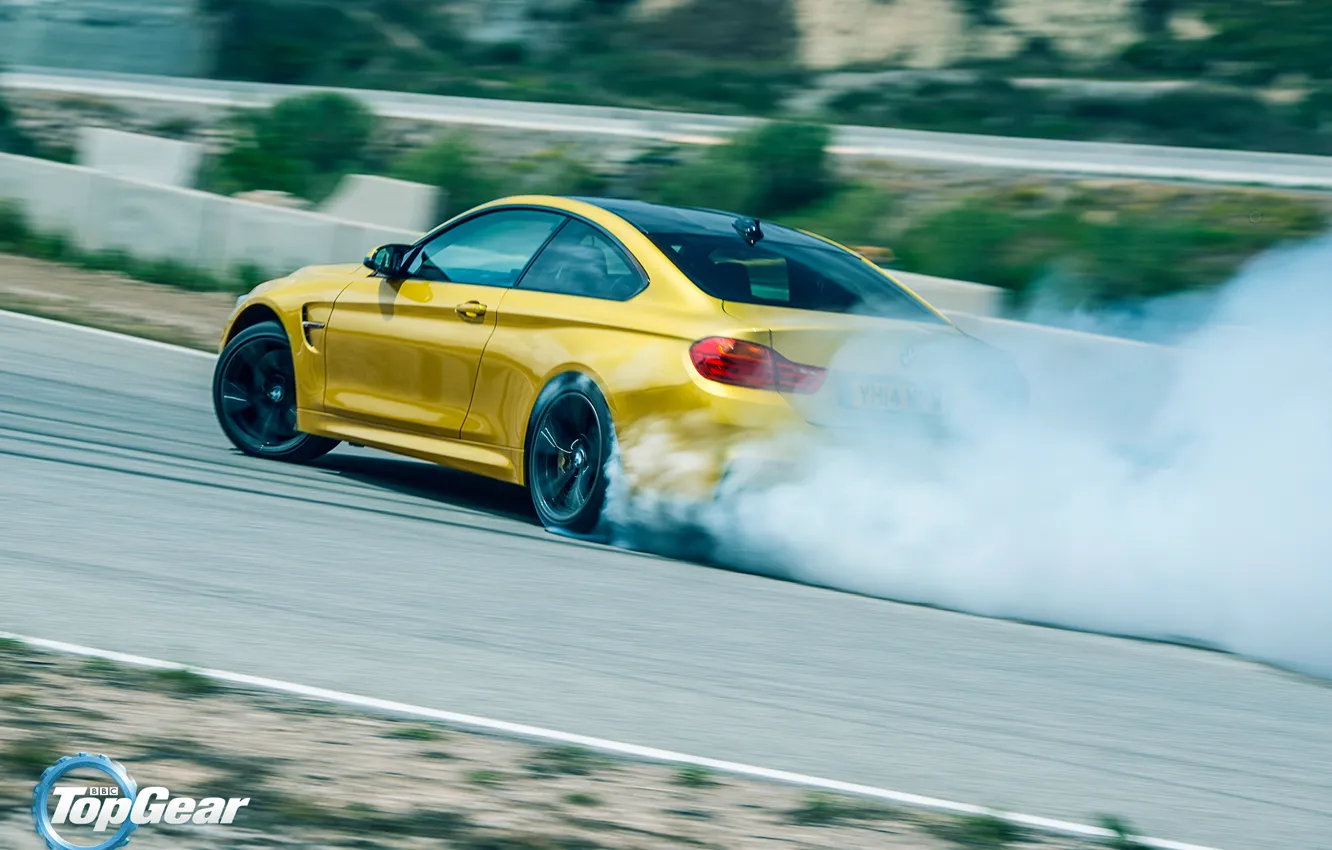 Photo wallpaper BMW, Top Gear, Car, Yellow, Smoke, Sport, Track, Rear, Skid, Drifting