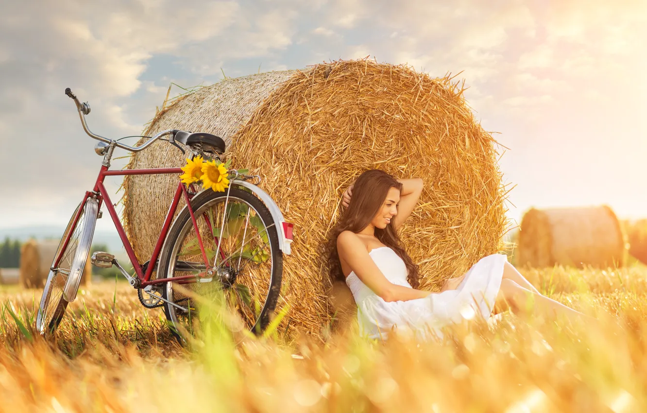 Photo wallpaper field, girl, bike, sunflower, sunflower, haystack, girl bike, field haystack