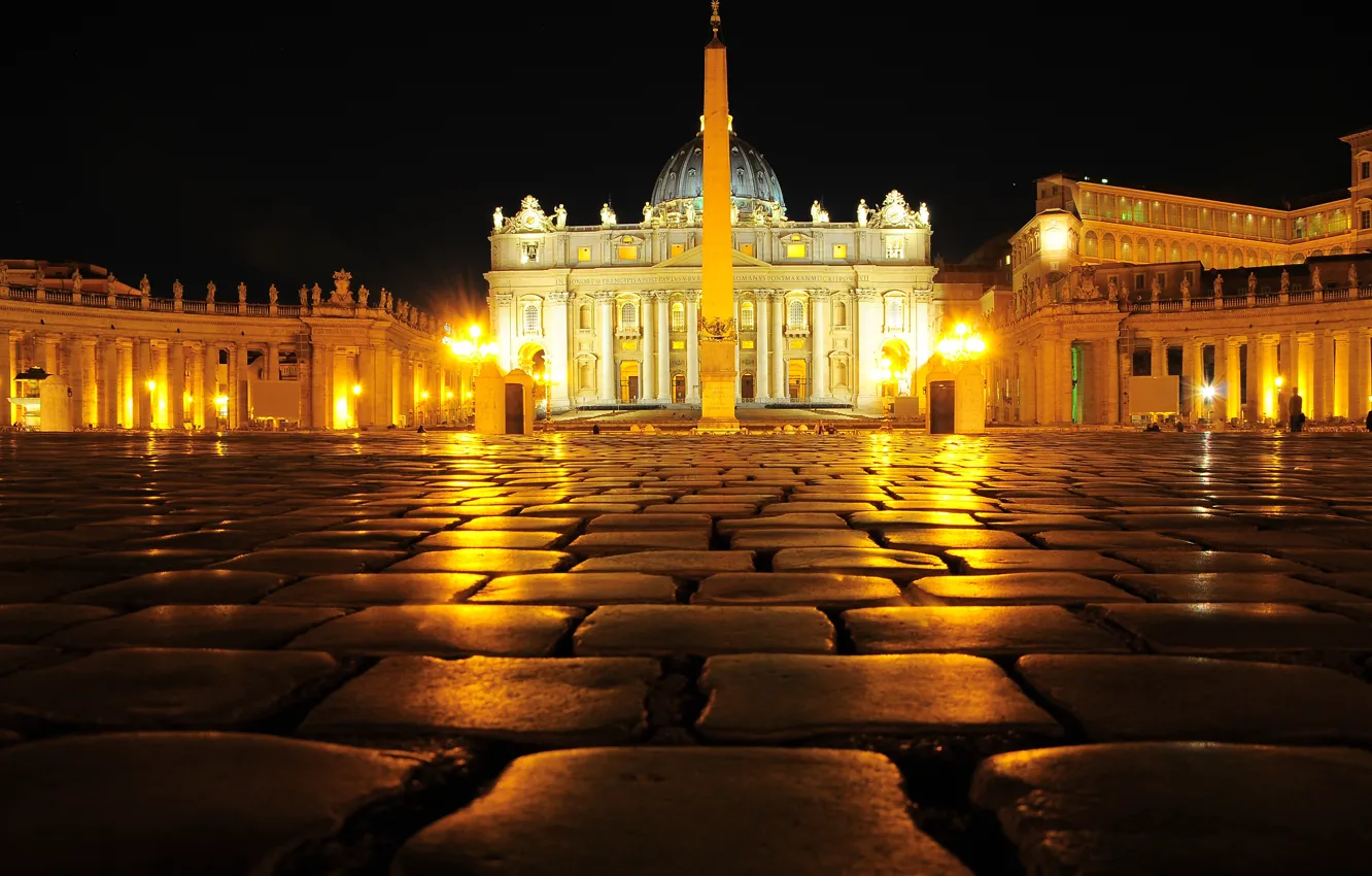 Photo wallpaper night, lights, obelisk, The Vatican, St. Peter's Cathedral, St. Peter's square