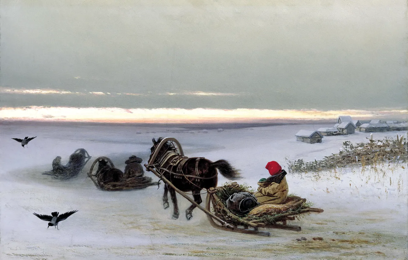 Photo wallpaper winter, snow, sunset, people, home, picture, horse, crows, sleigh, painting, canvas, home, Georgian