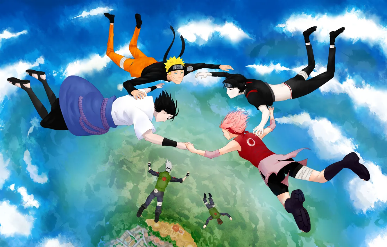 Photo wallpaper the sky, clouds, flight, anime, art, naruto, naruto, Uchiha Sasuke, Hatake Kakashi, Haruno Sakura, Uzumaki …