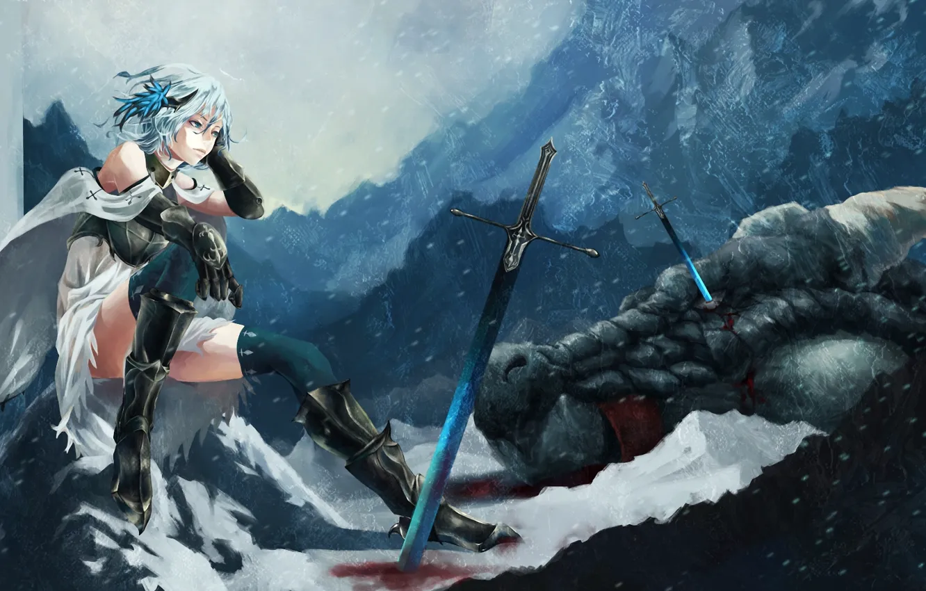 Photo wallpaper girl, snow, weapons, dragon, monster, sword, art, akaikitsune