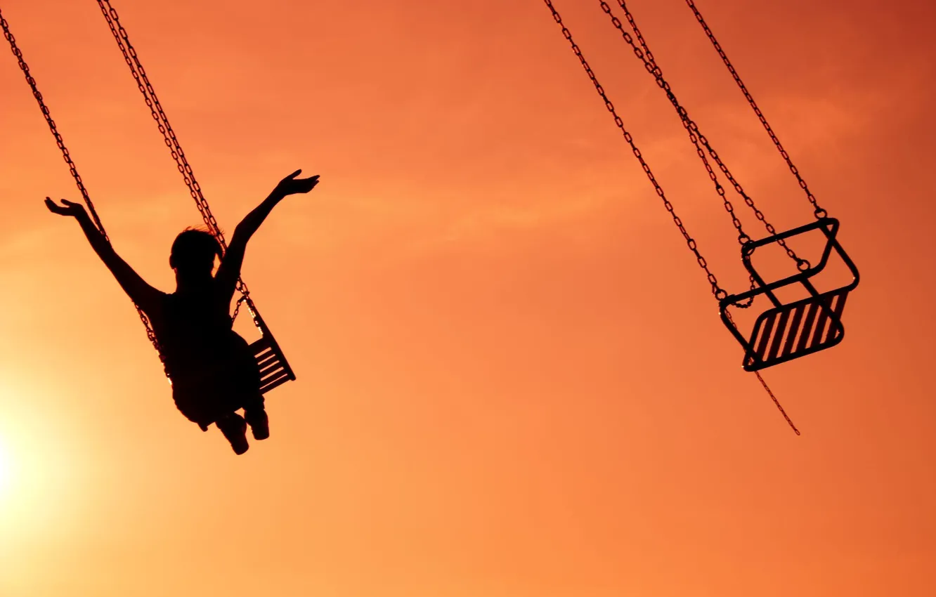 Photo wallpaper the sky, girl, joy, happiness, sunset, background, swing, widescreen, Wallpaper, mood, hands, attraction, chain, girl, …