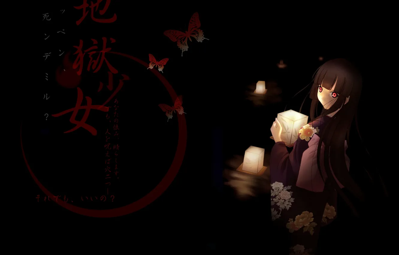 Photo wallpaper girl, butterfly, candles, characters, kimono