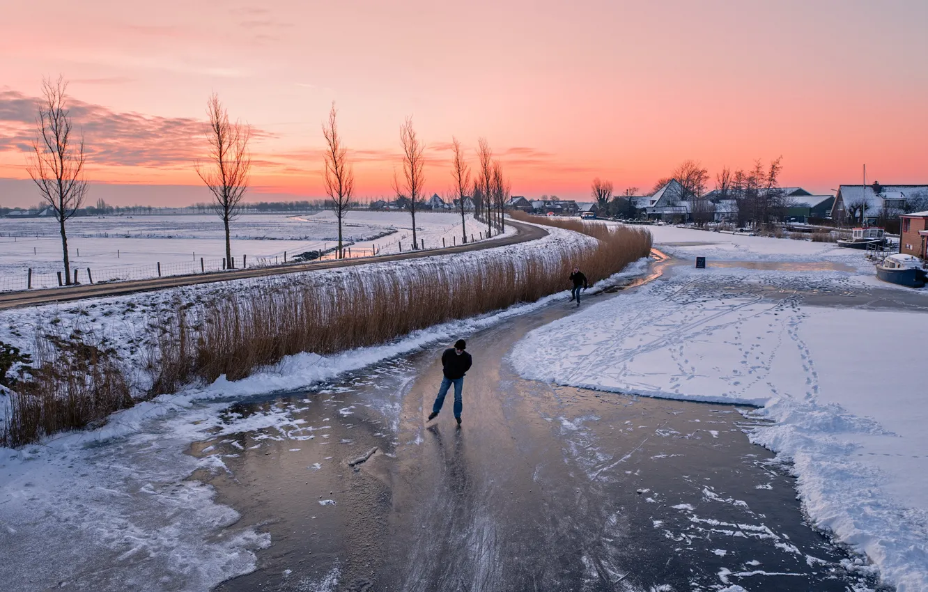 Photo wallpaper winter, road, sunset, home, ice