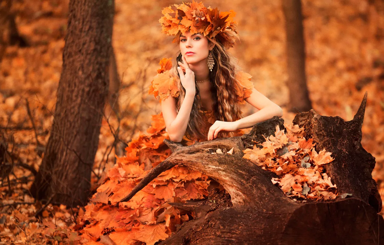 Wallpaper forest, leaves, girl, wreath, autumn style, sad ...