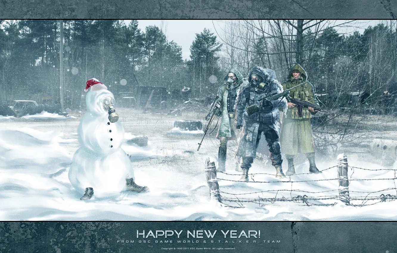 Photo wallpaper forest, snow, weapons, new year, snowman, Stalker, Stalker, area