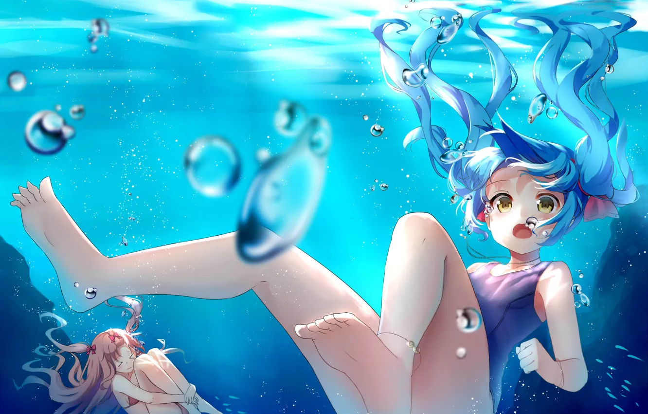 Photo wallpaper light, bubbles, girls, anime, art, under water, Alex master