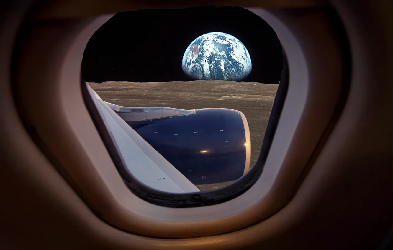 Wallpaper the plane, the moon, the window, moon, airplane, under the wing  images for desktop, section авиация - download