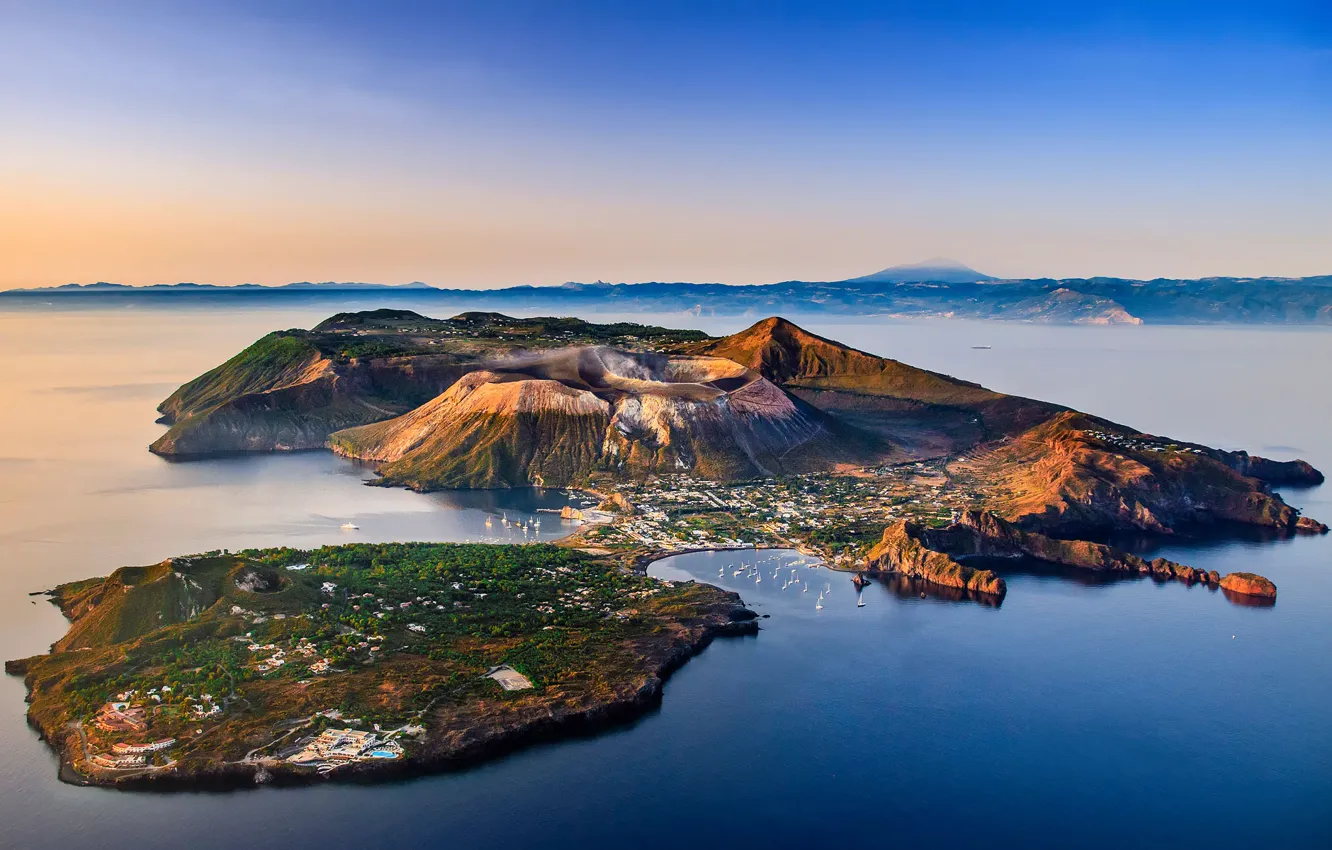 Photo wallpaper sea, the sky, water, ships, volcanoes, Italy, The Tyrrhenian sea, Sicily, Aeolian Islands