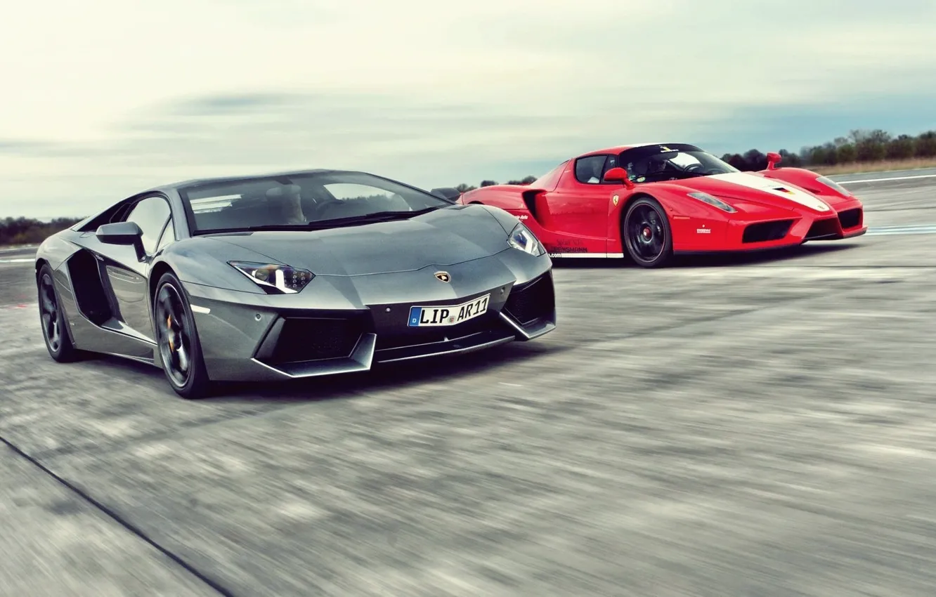 Photo wallpaper road, race, strip, speed, ferrari enzo, hypercar, Lamborghini LP700-4 Aventador