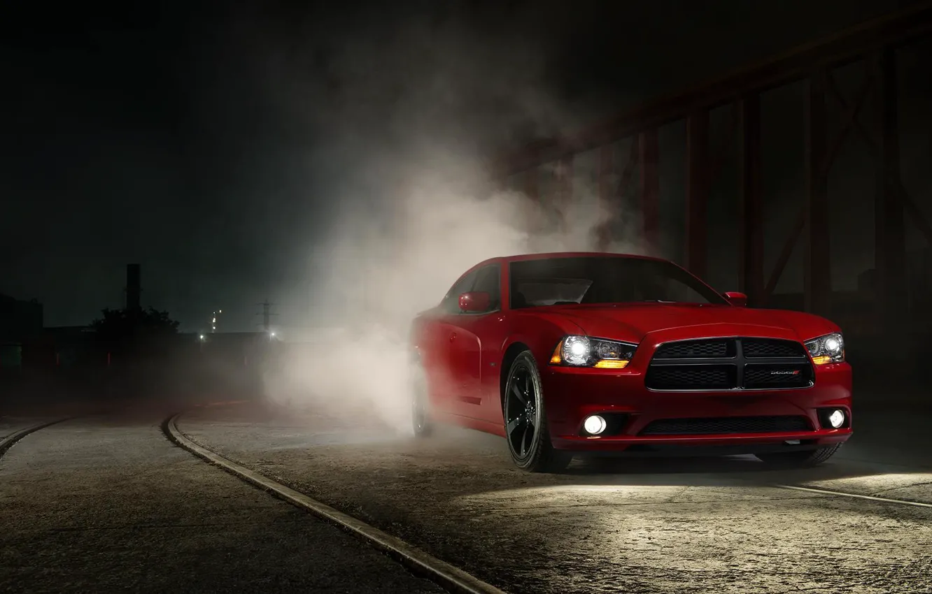 Photo wallpaper Muscle, Dodge, Red, Car, Front, Charger, Smoke, Adrenaline