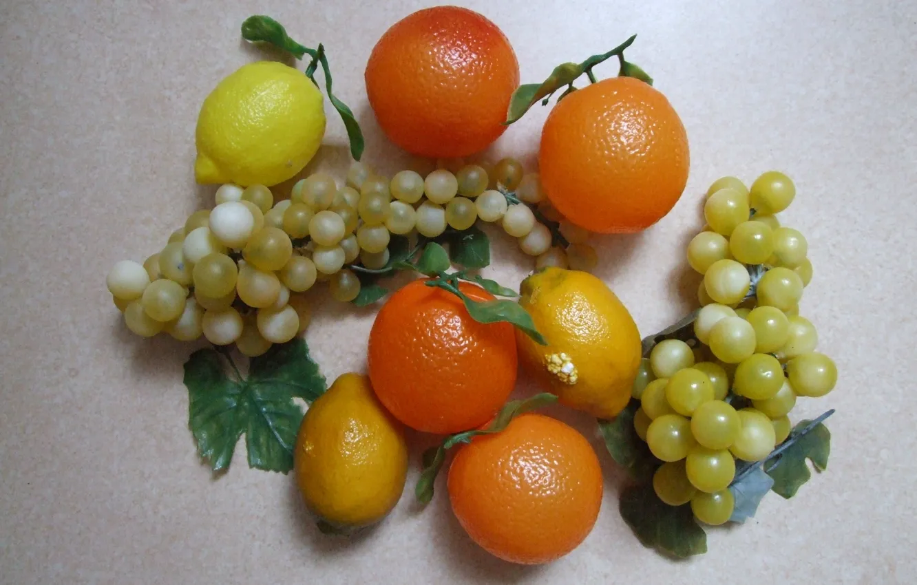 Photo wallpaper lemon, plastic, grape, orange, leaf, fruits, man made, artificially