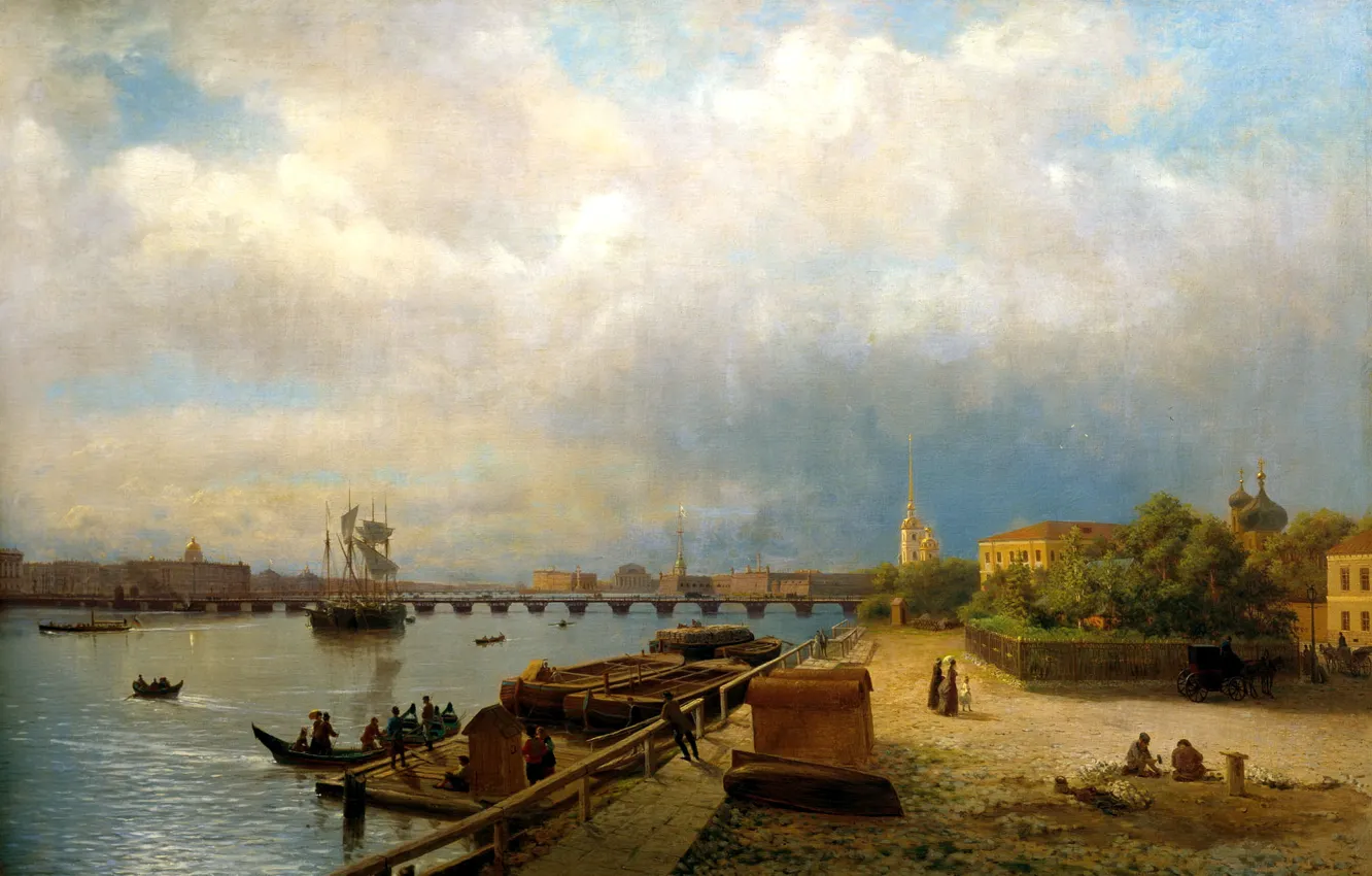 Photo wallpaper the sky, water, clouds, bridge, people, ships, boats, Saint Petersburg, painting, Lev Lagorio, View on …