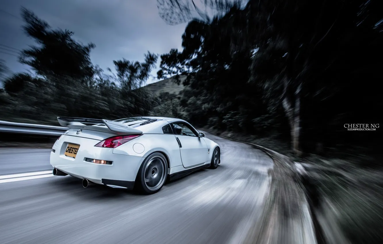 Photo wallpaper road, forest, tuning, speed, nissan, spoiler, 350z, road, Nissan, speed, white car, 350, the white …