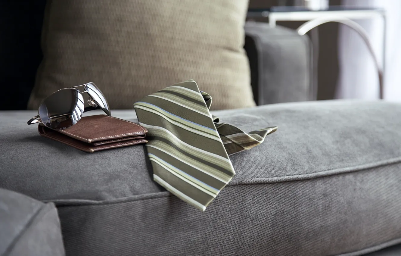 Photo wallpaper sofa, glasses, tie, purse