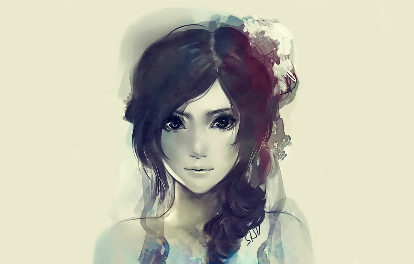 Photo wallpaper look, face, watercolor, grey background, flower in hair, portrait of a girl