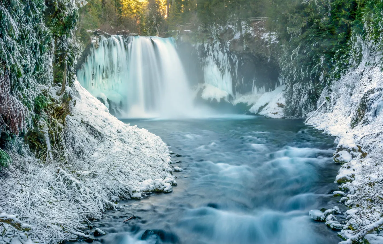 Photo wallpaper winter, forest, snow, nature, river, waterfall, morning